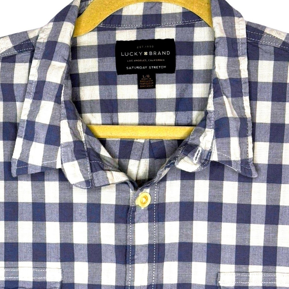 Lucky Brand Button Down Shirt Mens L Blue Gingham Plaid Saturday Stretch SS